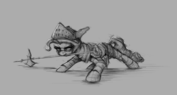 Size: 2849x1530 | Tagged: safe, artist:vanillaghosties, character:mayor mare, species:earth pony, species:pony, newbie artist training grounds, armor, atg 2019, female, halberd, knight, mare, monochrome, mouth hold, sketch, solo, weapon