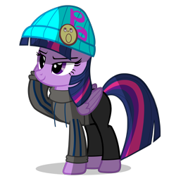 Size: 3000x3000 | Tagged: safe, artist:duskyzombie, derpibooru original, character:twilight sparkle, character:twilight sparkle (alicorn), species:alicorn, species:pony, ace attorney, clothing, crossover, female, hat, hobo, hobo pony, mare, phoenix wright, simple background, solo, sweater, transparent background