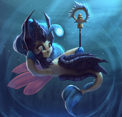 Size: 2649x2550 | Tagged: safe, artist:vanillaghosties, character:princess skystar, species:seapony (g4), newbie artist training grounds, g4, my little pony: the movie (2017), angler seapony, atg 2019, bioluminescent, crossover, female, glow, grin, high res, league of legends, nami, smiling, staff, underwater, video game crossover