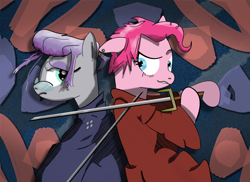 Size: 2000x1455 | Tagged: safe, artist:paracompact, character:maud pie, character:pinkie pie, newbie artist training grounds, atg 2019, crossover, dreamworks face, samurai champloo, sword, weapon