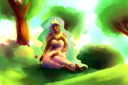 Size: 1500x1000 | Tagged: safe, artist:explosivegent, character:princess celestia, species:human, g4, barefoot, clothing, dark skin, dress, feet, female, humanized, outdoors, rose, sitting, smiling, solo, tree