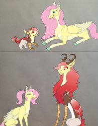Size: 1911x2449 | Tagged: safe, artist:nightshade2004, character:fluttershy, oc, oc:lisianthus, parent:discord, parent:fluttershy, parents:discoshy, species:draconequus, species:pony, cloven hooves, colored hooves, female, hybrid, interspecies offspring, male, mother and son, offspring, older, prone, two toned wings, wings