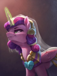 Size: 3000x4000 | Tagged: safe, artist:vanillaghosties, character:princess cadance, character:queen chrysalis, species:alicorn, species:pony, newbie artist training grounds, episode:a canterlot wedding, g4, my little pony: friendship is magic, atg 2019, clothing, disguise, disguised changeling, dress, fake cadance, female, glowing horn, horn, magic, magic aura, mare, solo, wedding dress