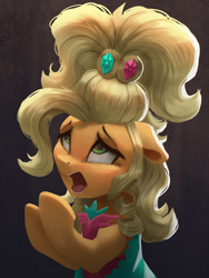 Size: 3000x4000 | Tagged: safe, artist:vanillaghosties, character:applejack, species:pony, newbie artist training grounds, episode:simple ways, g4, my little pony: friendship is magic, alternate hairstyle, applejewel, atg 2019, black background, bust, clothing, dress, female, floppy ears, mare, open mouth, simple background, solo