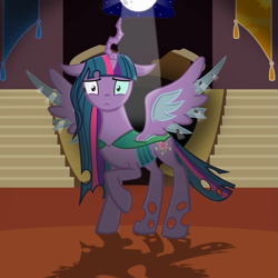 Size: 805x805 | Tagged: safe, artist:mlpconjoinment, character:queen chrysalis, character:twilight sparkle, character:twilight sparkle (alicorn), species:alicorn, species:changeling, species:pony, changeling queen, changelingified, fanfic, fanfic art, fanfic cover, female, full moon, fusion, heterochromia, hybrid, moon, queen twilight, raised hoof, shadow, solo, species swap, this will not end well, twiling, we have become one, worried