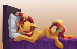 Size: 4000x2550 | Tagged: safe, artist:vanillaghosties, character:sunset shimmer, species:pony, species:unicorn, newbie artist training grounds, atg 2019, bed, cute, cutie mark, drool, eyes closed, female, majestic as fuck, mare, open mouth, shimmerbetes, sleeping, snoring, sweet dreams fuel
