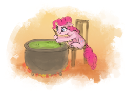 Size: 2931x2089 | Tagged: safe, artist:vanillaghosties, character:pinkie pie, species:earth pony, species:pony, newbie artist training grounds, atg 2019, cauldron, chair, female, floppy ears, mare, sitting, solo, tongue out