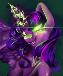 Size: 2500x3000 | Tagged: safe, artist:thewickedvix, character:twilight sparkle, character:twilight sparkle (alicorn), species:alicorn, species:pony, newbie artist training grounds, atg 2019, corrupted twilight sparkle, dark magic, evil, female, glowing eyes, glowing horn, grin, horn, magic, smiling, solo, sombra eyes