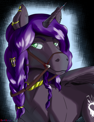 Size: 2400x3125 | Tagged: safe, artist:darkvulpes, oc, oc:cognitio dissonantia, species:alicorn, species:pony, braid, bridle, female, gold, green eyes, horn, jewelry, mare, simple background, smiling, smirk, solo, tack, wings