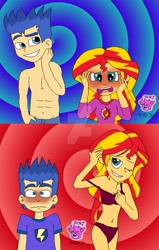Size: 713x1120 | Tagged: safe, artist:jen-izzy93, character:flash sentry, character:sunset shimmer, ship:flashimmer, my little pony:equestria girls, blushing, female, male, shipping, straight