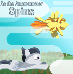 Size: 1451x1467 | Tagged: safe, artist:paracompact, character:rumble, oc, species:pegasus, species:pony, art deco, blank flank, cloud, colt, cover art, fanfic, fanfic art, fanfic cover, flying, foal, hooves, lineless, male, minimalist, modern art, wings