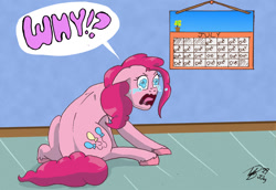 Size: 900x619 | Tagged: safe, artist:animatorwil, character:pinkie pie, species:earth pony, species:pony, newbie artist training grounds, atg 2019, calendar, crying, diet, female, garfield, mare, moral event horizon, sad, solo, why