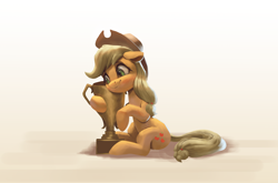 Size: 2798x1851 | Tagged: safe, artist:vanillaghosties, character:applejack, species:earth pony, species:pony, newbie artist training grounds, applejack's hat, atg 2019, clothing, cowboy hat, cutie mark, female, hat, mare, simple background, sitting, smiling, solo, trophy, white background