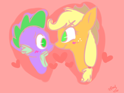 Size: 1024x768 | Tagged: safe, artist:leetle-pink-fudge, character:applejack, character:spike, species:dragon, species:pony, ship:applespike, blushing, clothing, cute, female, hat, heart, looking at each other, male, mare, no pupils, shipping, straight