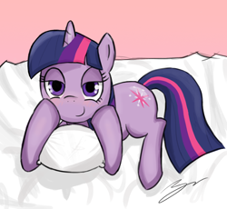 Size: 900x828 | Tagged: safe, artist:b0nbon, character:twilight sparkle, species:pony, species:unicorn, bed, bedroom eyes, female, looking at you, mare, pillow, prone, smiling, solo