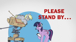 Size: 955x535 | Tagged: safe, artist:shouldbedrawing, character:derpy hooves, character:twilight sparkle, character:twilight sparkle (alicorn), species:alicorn, species:pegasus, species:pony, camera, clipboard, female, headphones, headset, mare, please stand by, ponies the anthology vii, technical difficulties, unamused