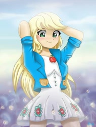 Size: 480x633 | Tagged: safe, artist:lovelygirlmusicer, character:applejack, equestria girls:sunset's backstage pass, g4, my little pony: equestria girls, my little pony:equestria girls, spoiler:eqg series (season 2), clothing, cute, female, hatless, jackabetes, loose hair, missing accessory, parachute dress, paraskirt, smiling, solo