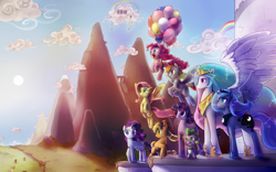 Size: 4800x3000 | Tagged: safe, artist:explosivegent, artist:valcron, character:applejack, character:fluttershy, character:pinkie pie, character:princess celestia, character:princess luna, character:rainbow dash, character:rarity, character:spike, character:twilight sparkle, species:alicorn, species:dragon, species:earth pony, species:pegasus, species:pony, species:unicorn, g4, balloon, cloudsdale, female, floating, male, mane seven, mane six, mare, mountain, rainbow, s1 luna, then watch her balloons lift her up to the sky
