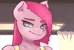 Size: 2160x1470 | Tagged: safe, artist:angelwing314, edit, character:pinkamena diane pie, character:pinkie pie, species:anthro, cropped, dialogue, dialogue edit, female, flirting, lip bite, looking at you, smiling, solo
