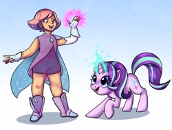 Size: 4096x3114 | Tagged: safe, artist:ohjeetorig, character:starlight glimmer, species:human, species:pony, species:unicorn, boots, cape, clothing, commission, crossover, dress, female, glimmer (she-ra), glowing hands, glowing horn, horn, magic, name pun, namesake, official fan art, she-ra, she-ra and the princesses of power, shoes, simple background, telekinesis