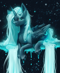 Size: 1280x1536 | Tagged: safe, artist:thewickedvix, character:princess luna, species:alicorn, species:pony, alternate hair color, colored hooves, cutie mark, dripping, female, long mane, long tail, looking at you, mare, missing accessory, redesign, sitting, solo, surreal, unshorn fetlocks, white hair, white mane