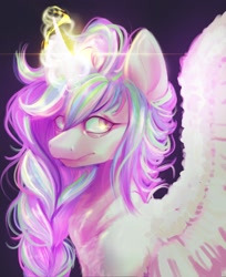 Size: 2175x2660 | Tagged: safe, artist:thewickedvix, character:princess celestia, species:alicorn, species:pony, alternate hairstyle, bags under eyes, braided ponytail, female, glowing horn, horn, lens flare, mare, ponytail, simple background, solo, spread wings, tired, wings