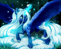 Size: 1920x1544 | Tagged: safe, alternate version, artist:thewickedvix, character:princess luna, species:alicorn, species:pony, alternate hair color, big wings, feather, female, glowing horn, horn, long hair, long horn, long tail, magic, mare, missing accessory, raised hoof, smiling, solo, spread wings, stray strand, white hair, white mane, wings