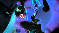 Size: 960x540 | Tagged: safe, artist:lordspiffy, character:nightmare moon, character:princess luna, character:queen chrysalis, species:alicorn, species:changeling, species:pony, 3d, attack, blender, changeling queen, combat, female, hive, horn glowing, sparkles