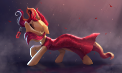 Size: 4000x2400 | Tagged: safe, artist:vanillaghosties, character:sunset shimmer, species:pony, species:unicorn, clothing, dress, eyes closed, female, floppy ears, glowing horn, horn, mare, microphone, open mouth, raised hoof, singing, solo