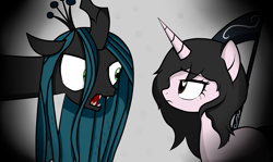 Size: 1900x1135 | Tagged: safe, artist:arrgus-korr, base used, character:queen chrysalis, oc, species:changeling, species:pony, species:unicorn, angry, black background, bust, changeling queen, dark, dark background, female, halfbody, mare, portrait, serious face, sickle
