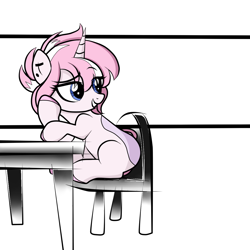 Size: 1300x1300 | Tagged: safe, artist:arrgus-korr, oc, oc only, species:pony, species:unicorn, abstract background, chair, female, full body, mare, mischievous, piercing, solo, stains, table