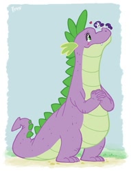 Size: 461x604 | Tagged: safe, artist:kiguren, character:rarity, character:spike, species:dragon, species:pony, species:unicorn, ship:sparity, episode:the cutie mark chronicles, g4, my little pony: friendship is magic, adult spike, cutie mark chronicles spike, female, heart, interspecies, male, mare, older, older spike, shipping, straight