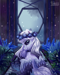 Size: 2000x2512 | Tagged: safe, artist:teaflower300, oc, oc only, species:pegasus, species:pony, black sclera, collar, colored wings, ethereal mane, female, floral head wreath, flower, galaxy mane, garden, looking at you, mare, smiling, snow, snowfall, solo, starry wings, wings, ych result