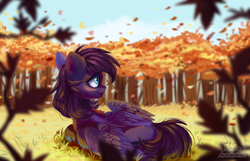 Size: 2000x1287 | Tagged: safe, artist:teaflower300, oc, oc only, species:pegasus, species:pony, autumn, cutie mark, female, floppy ears, forest, leaves, mare, meadow, prone, smiling, solo