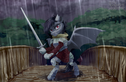 Size: 2000x1312 | Tagged: safe, artist:teaflower300, oc, oc only, species:bat pony, species:pony, armor, bat pony oc, bipedal, bridge, clothing, commission, forest, hoof hold, looking at you, one wing out, rain, semi-anthro, solo, sword, torn ear, weapon, wings