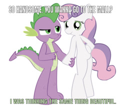 Size: 750x673 | Tagged: safe, artist:hoodie-stalker, edit, editor:undeadponysoldier, character:spike, character:sweetie belle, species:dragon, species:pony, species:unicorn, ship:spikebelle, beautiful, compliment, date, female, handsome, holding hands, hoof on hip, male, mare, older, older spike, older sweetie belle, pointing, semi-anthro, shipping, straight