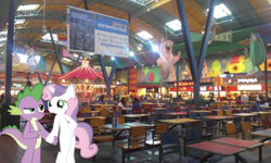 Size: 640x384 | Tagged: safe, artist:hoodie-stalker, editor:undeadponysoldier, character:spike, character:sweetie belle, species:dragon, species:human, species:pony, species:unicorn, ship:spikebelle, american flag, bipedal, burger king, carousel, chair, concord mills mall, dragons in real life, female, food court, hoof on hip, irl, irl human, male, mall, mare, older, older spike, older sweetie belle, photo, pointing, ponies in real life, popeyes, semi-anthro, shipping, sign, straight, table