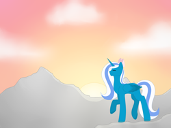 Size: 1032x774 | Tagged: safe, artist:kookiebeatz, oc, oc:fleurbelle, species:alicorn, species:pony, alicorn oc, bow, cloud, cute, eyes closed, female, hair bow, happy, mare, mountain, peaceful, smiling, sunset, ych result