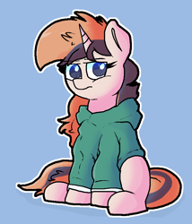 Size: 696x814 | Tagged: safe, artist:retro_hearts, oc, oc only, oc:magic harp, species:pony, species:unicorn, clothing, female, freckles, grumpy, hoodie, mare, sitting, solo