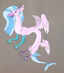 Size: 1844x2112 | Tagged: safe, artist:nightshade2004, character:silverstream, species:draconequus, draconequified, female, fish tail, four wings, gray background, multiple wings, simple background, solo, species swap, wings