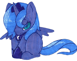 Size: 1160x924 | Tagged: safe, artist:slightinsanity, character:princess luna, species:alicorn, species:pony, cute, female, filly, lunabetes, s1 luna, shy, simple background, sitting, solo, traditional art, transparent background, woona, younger