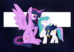Size: 1024x724 | Tagged: safe, artist:hugo231929, character:princess celestia, character:princess luna, character:twilight sparkle, character:twilight sparkle (alicorn), species:alicorn, species:griffon, species:pony, species:unicorn, fanfic:elemental: power is magic, ethereal mane, fanfic art, female, galaxy mane, griffonized, mare, race swap, riding, role reversal, sleeping, species swap, ultimate twilight, unicorn celestia