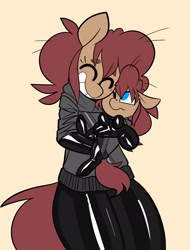 Size: 2200x2895 | Tagged: safe, artist:latexia, oc, oc:latch, species:anthro, species:earth pony, species:pony, anthro ponidox, anthro with ponies, clothing, female, gloves, holding a pony, hug, latex, latex gloves, latex socks, latex suit, lying down, mare, one eye closed, smiling, socks, wink