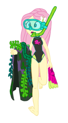 Size: 607x1092 | Tagged: safe, artist:n3ro 182, character:fluttershy, equestria girls:forgotten friendship, g4, my little pony: equestria girls, my little pony:equestria girls, barefoot, clothing, feet, female, flippers, legs, one-piece swimsuit, seaweed, solo, swimsuit, swimsuit edit, towel, wet hair