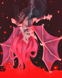 Size: 2851x3581 | Tagged: safe, artist:thewickedvix, character:flutterbat, character:fluttershy, species:bat pony, species:pony, bat ponified, bat wings, dancing, female, mare, midnight, race swap, solo, spread wings, upside down, veil, wings