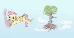 Size: 3357x1719 | Tagged: safe, artist:vanillaghosties, character:fluttershy, species:pegasus, species:pony, female, floating, floppy ears, folded wings, looking at you, mare, on a branch, one eye closed, prone, sky, smiling, solo, tongue out, tree, tree branch, wings, wink