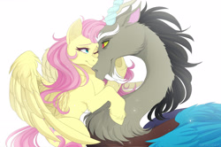 Size: 2580x1713 | Tagged: safe, artist:mrgdog, character:discord, character:fluttershy, species:draconequus, species:pegasus, species:pony, ship:discoshy, eye contact, female, looking at each other, male, mare, nuzzling, shipping, simple background, smiling, spread wings, straight, unshorn fetlocks, white background, wings