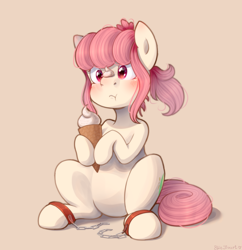 Size: 1932x1992 | Tagged: safe, artist:pony-ellie-stuart, oc, oc only, oc:hopple scotch, species:earth pony, species:pony, blushing, cute, female, food, ice cream, mare, pigtails, simple background, sitting, solo, ych result