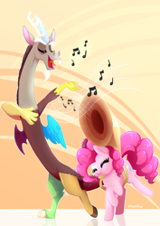 Size: 2105x2966 | Tagged: safe, artist:zlayd-oodles, character:discord, character:pinkie pie, species:draconequus, species:earth pony, species:pony, commission, cute, diapinkes, discute, fanfic art, female, mare, music notes, musical instrument, singing, tuba