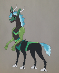 Size: 1706x2109 | Tagged: safe, artist:nightshade2004, oc, oc:anubis, parent:lord tirek, parent:queen chrysalis, parents:chrystirek, gray background, hybrid, male, offspring, simple background, solo